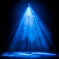 Fototapete - Dramatic Blue Spotlight Beam Illuminating Dark Stage. Intense Focus and Powerful Lighting Effect for Performance or Presentation : Generative AI