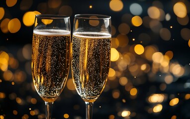 Poster - Two Champagne Flutes with Bubbles Sparkling Wine Toast Celebration Moment Festive Occasion Romantic Evening Golden Light : Generative AI