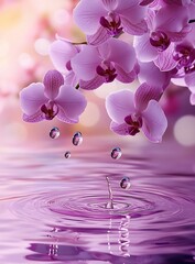 Poster - Delicate Pink Orchids with Water Droplets Creating Ripples in a Serene Pool Still Life Photograph : Generative AI