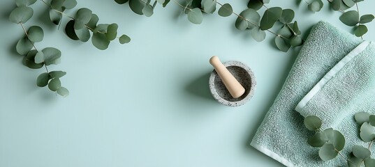 Aufkleber - Tranquil Setting with Eucalyptus Leaves and Mortar Held in a Natural Spa Environment : Generative AI