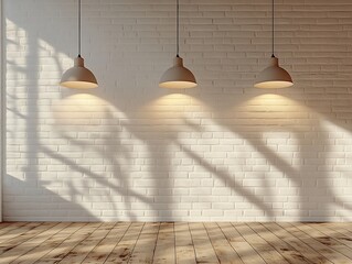 Aufkleber - Modern Interior with White Brick Wall Hanging Lights and Wooden Floor for Architecture and Design Backgrounds : Generative AI