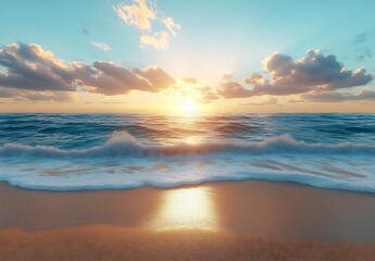 Aufkleber - Ocean Sunset Serenity Beach Waves Crashing on Sandy Shore Golden Hour Sunlight Reflecting on Water and Sand Coastal Beauty : Generative AI