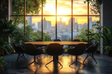 Aufkleber - Modern Conference Room with Natural Light Overlooking Cityscape at Sunset for Business Meetings and Collaboration : Generative AI