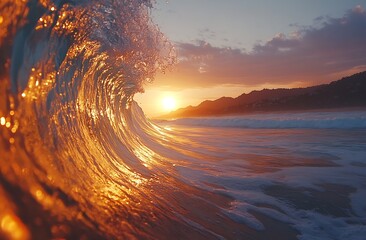 Aufkleber - Golden Sunset Wave Breaking on Beach with Mountains in Background A Breathtaking Ocean Scene for Travel and Nature Photography : Generative AI