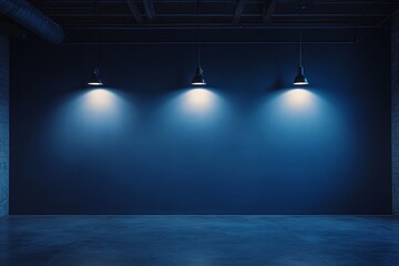 Poster - Dramatic Interior Scene with Three Industrial Lamps Moody Blue Wall and Concrete Floor in an Empty Room : Generative AI