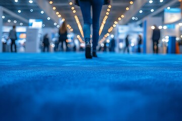 Leinwandbilder - Vibrant Blue Carpet in Convention Center with Blurred People Walking and Bokeh Lights a Modern Business Scene : Generative AI