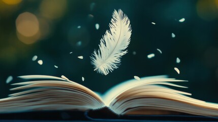 Poster - Feather falls gracefully onto open storybook creating a dreamy atmosphere of imagination and wonder
