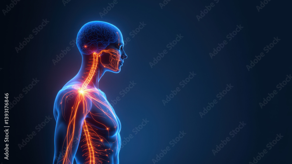 3D rendering of a human head with highlighted VNS (Vagus Nerve ...