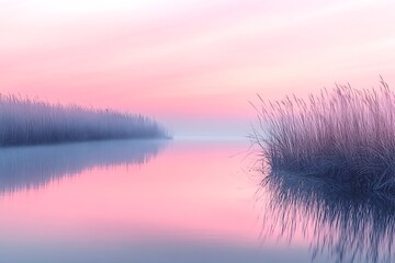Leinwandbilder - Serene Pink Sunset Reflection on Calm Water with Silhouette of Tall Grasses for Peaceful Landscape Photography : Generative AI
