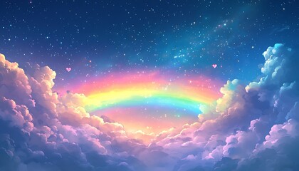 Poster - Breathtaking view of a peaceful rainbow arching through fluffy clouds in a starry night sky : Generative AI