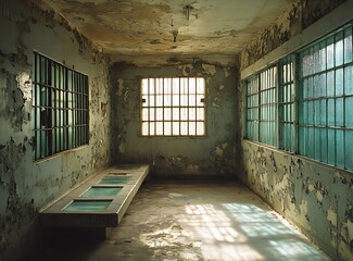 Aufkleber - Faded and Distressed Old Room with Natural Light Streaming Through Windows : Generative AI