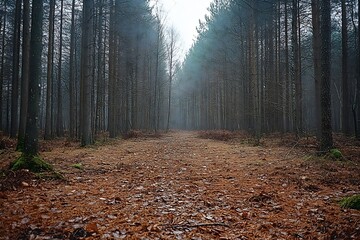 Aufkleber - Mystical Forest Path Eerie Brown Autumn Leaves and Towering Trees Creating a Moody Woodland Scene : Generative AI