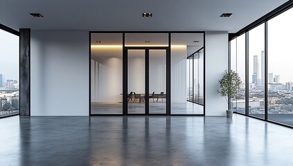 Poster - Minimalist Office Space with City View Glass Walls Modern Design and Sleek Furnishings Ideal for Business and Productivity : Generative AI