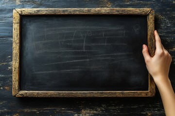 Poster - Chalkboard with Wooden Frame and Hand Reaching for it on Rustic Wooden Background for School Concepts : Generative AI