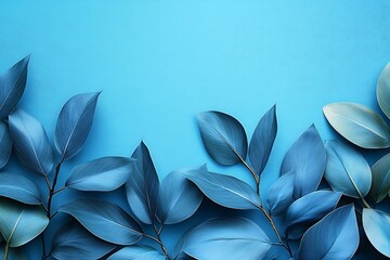 Poster - Elegant Blue Leaves on Blue Background Botanical Art Delicate Veins Nature Inspired Design Modern Art Backdrop Serene Calm Template : Generative AI