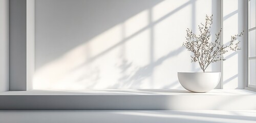 Poster - Minimalist Interior with Plant in White Pot Sunlight Streaming Through Window Serene Scene Modern Home Decor Peaceful : Generative AI