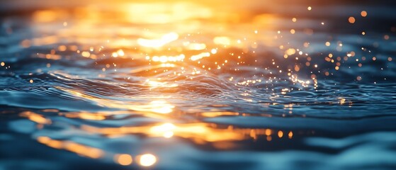 Poster - Sparkling Water Surface with Golden Sunlight Reflections Abstract Nature Background Texture Refreshing Liquid : Generative AI