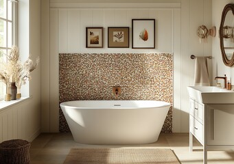 Aufkleber - Modern bathroom design featuring a freestanding tub and unique mosaic tile accent wall with warm natural light : Generative AI