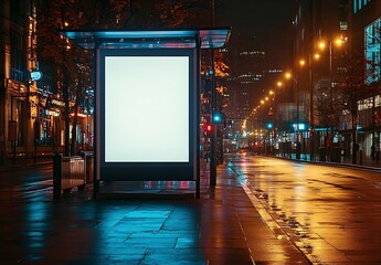 Poster - City Street Advertisement Billboard at Night Blank for Mockup Modern Urban Scene : Generative AI