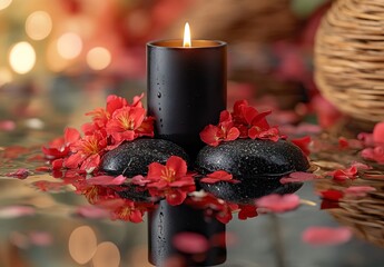 Fototapete - Zen Still Life Black Candle Red Flowers Stones in Water Spa Wellness Serenity Relaxation Calmness Peaceful Meditation Retreat : Generative AI