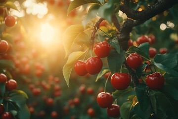 Poster - Ripe Cherries on the Branch Bathed in Golden Sunlight in a Summer Orchard : Generative AI
