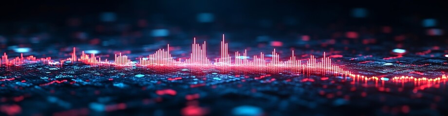 Fototapete - Abstract Red and Blue Technology Wave Futuristic Data Visualization with Digital Signal and Neural Network Concept : Generative AI