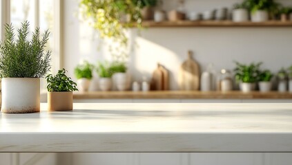 Poster - Bright Kitchen Countertop with Herbs and Plants in Pots Natural Light and Airy Atmosphere Home Decor and Interior Design : Generative AI