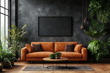 Aufkleber - Cozy Living Room Interior with Orange Sofa Plants and Dark Wall Perfect for Relaxation and Home Decor : Generative AI