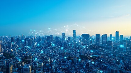 Poster - Vibrant Cityscape with Advanced Digital Connectivity and Skyscrapers at Dusk : Generative AI