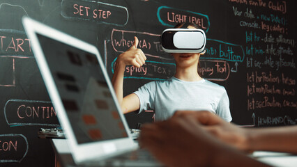 closeup of african student hands coding or programing system at blackboard with web develop plan whi