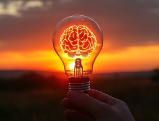 Poster - Light Bulb with Brain Inside Sunset Glow Innovation Idea Concept Creativity Intelligence Solution Think : Generative AI