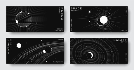 Wall Mural - set of abstract space horizontal backgrounds. line art galaxy, solar system, planet, black hole. sci