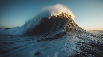 Poster - Majestic Ocean Wave Crashing at Sunset Powerful Nature Scene Dramatic Seascape Beautiful Water Formation Golden Hour Light : Generative AI