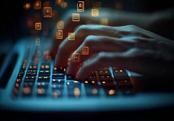 Aufkleber - Hands Typing on Laptop Keyboard with Glowing Cyber Icons Data Stream Technology Security Programming Concept : Generative AI