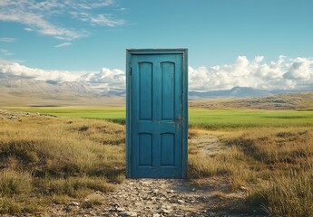 Aufkleber - A Mysterious Blue Door Standing Alone in a Serene Landscape with Rolling Hills and Clear Skies : Generative AI