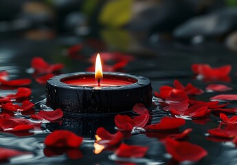 Poster - Romantic Candlelight Still Life Red Rose Petals Floating in Water Moody Ambiance Spa Relaxation Meditation Serene : Generative AI