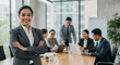 © Noor  - A confident businesswoman stands arms crossed, radiating success amidst a bustling boardroom meeting; sharp focus, soft background lighting.