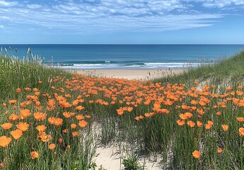 Aufkleber - Golden orange wildflowers framed by lush grass on serene beach with gentle waves and blue sky : Generative AI