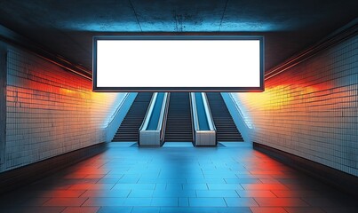 Aufkleber - Blank Billboard Mockup in Subway Station with Escalators for Advertisement Display and Urban Setting : Generative AI
