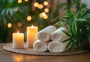 Aufkleber - Spa Scene with Rolled Towels Candles and Bamboo Leaves for Relaxation Wellness and SelfCare Moments : Generative AI