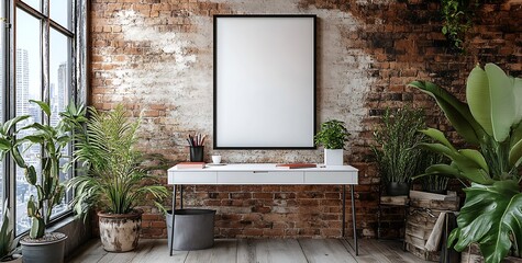 Poster - Modern Industrial Home Interior with Blank Frame Desk Plants and Brick Wall Stylish Workspace Design Mockup : Generative AI