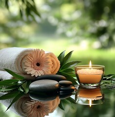 Aufkleber - Relaxing spa setting with towels candle and stones in tranquil natural environment : Generative AI