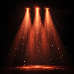 Poster - Dramatic Stage Lighting with Three Fiery Orange Spotlights and Sparkling Dust Against a Dark Background : Generative AI