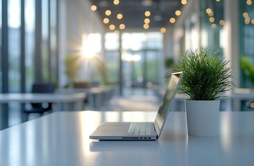 Poster - Modern Office Laptop and Plant Decor with Bright Sunlight Minimalist Workspace Design Fresh and Clean Work Environment : Generative AI