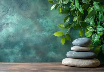 Poster - Zen Garden Still Life with Stacked Stones Green Foliage and Textured Background for Wellness and Serenity Concepts : Generative AI