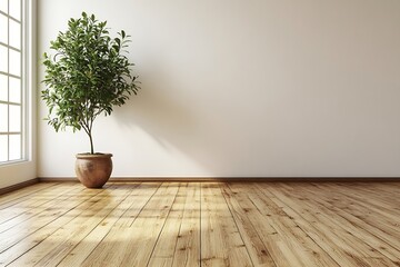 Poster - Minimalist Interior Design with Potted Plant Wooden Floors and Natural Light in Empty Room for Serene Home Decor : Generative AI