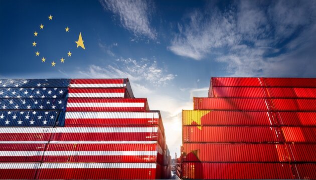 concepto de aranceles entre estados unidos y china. contenedores marítimos de mercancías con bandera