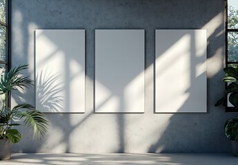 Aufkleber - Modern Interior with Three Blank Canvas Art Frames on Concrete Wall and Potted Plants in Natural Light : Generative AI