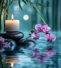 Aufkleber - Elegant composition of orchids on stones beside a glowing candle in a tranquil setting : Generative AI