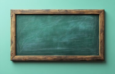 Poster - Blank Green Chalkboard with Wooden Frame Rustic School Board with Empty Space for Text or Message Greenboard Background : Generative AI